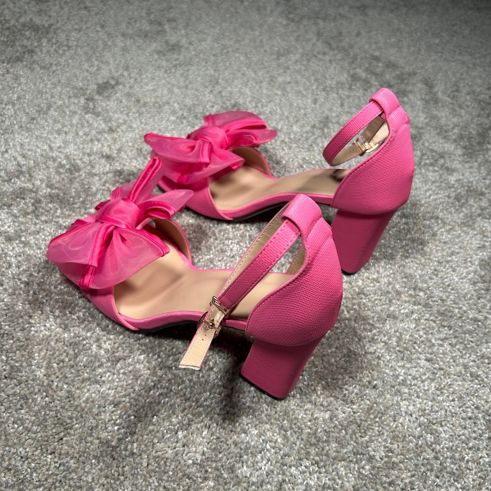 Hot Pink Block Heel Sandals Oversized Organza Bow Ankle Strap Size 38 EU - Picture 6 of 7